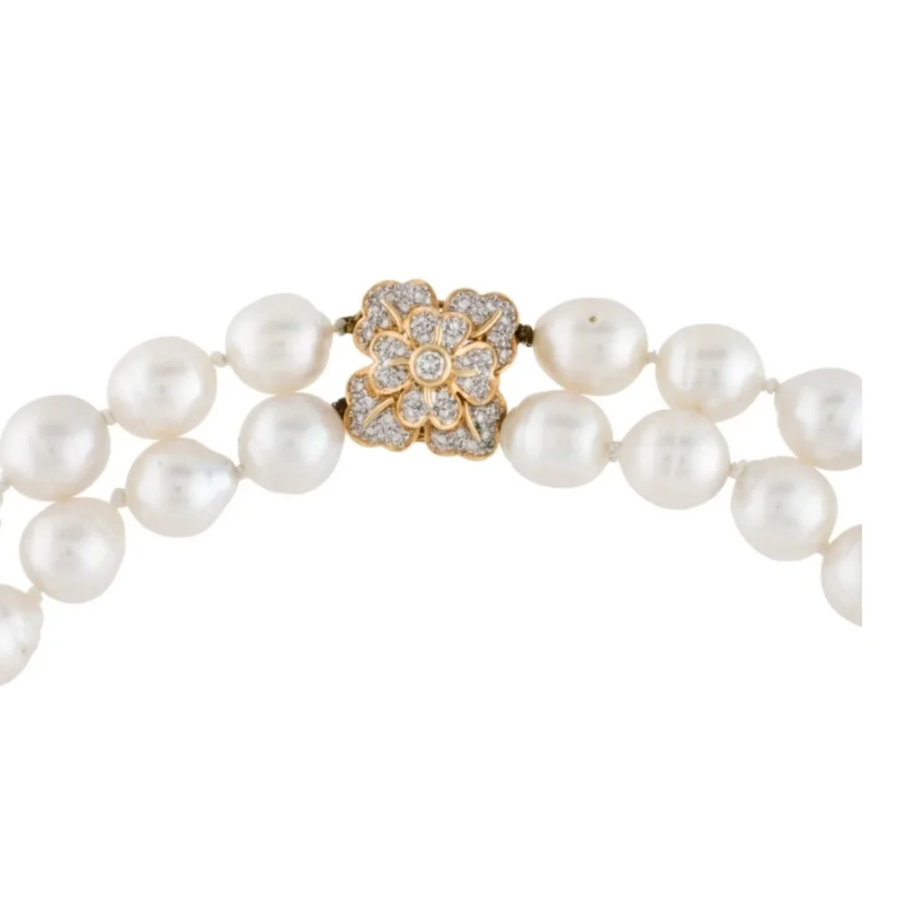 White Pearl Duble Strand Alhambra Flower Diamond Necklace Ven Cliff Style - Picture 2 of 6